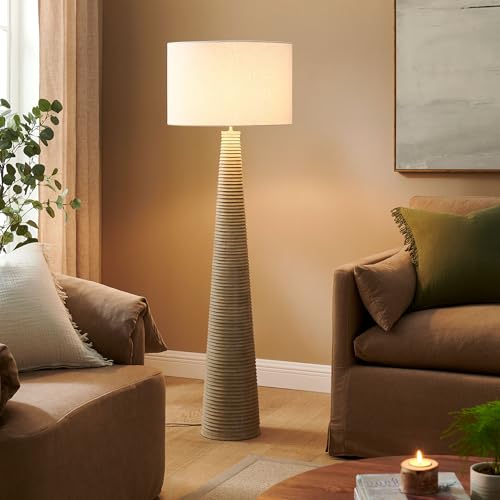Modway Saylor 59 Inch Rustic Floor Lamp in White Gray – Carved Wood Tapered Base with Fabric Shade – Ribbed Modern Farmhouse Standing Light for Living Room or Bedroom