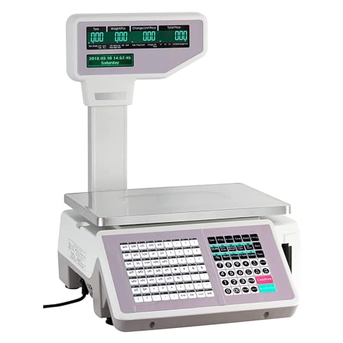 USZWBY Electronics Label Printing Scale,Commercial Digital Weighting Price Printer Scale,30Kg/66.14 Lbs Capacity,Cash Register,LCD Display,for Supermarket/Reta