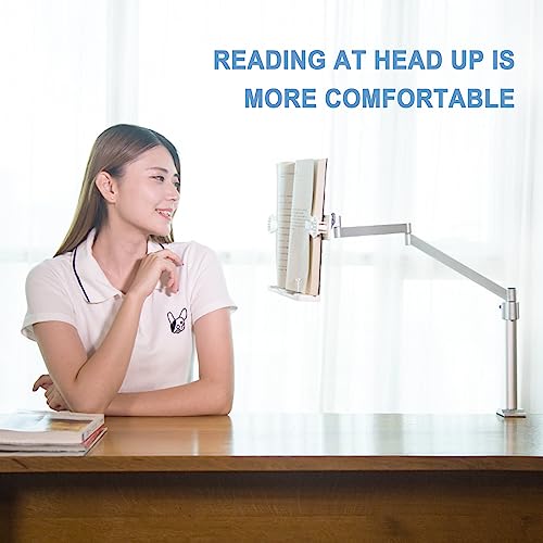 Buhelyc Book Stand with Clamp, Tablet Stand Holder, Adjustable Height, with Page Clips for Reading Hands Free, Sturdy, Rotatable, Table Side Design, Suitable for Book, Tablet, Phone
