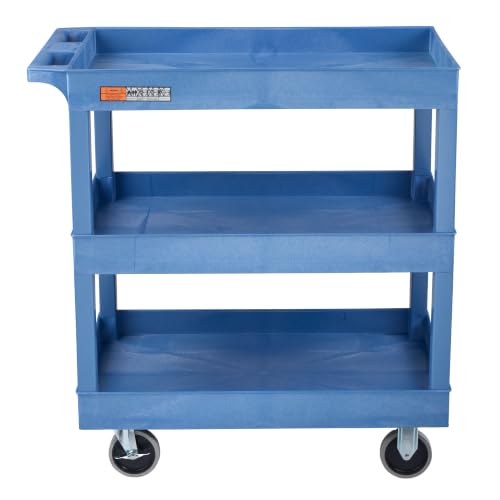 Luxor Three Shelf Heavy Duty High Capacity Tub Cart with Handle - 18"D x 35.25"W x 37.25"H, Plastic, Blue