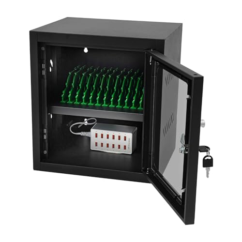 12-Device Charging Cabinet | Laptop Lock Box for iPad Tablet Fits 8" Screen | Locking Laptop Storage Box | with Cable Management and Charger Storage | for Classroom, Library, and Office (Black)