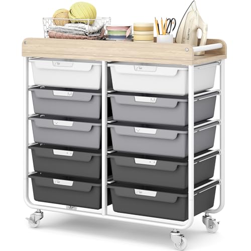 10 Drawer Rolling Storage Cart with Wood Top for Classroom Crafts Grey