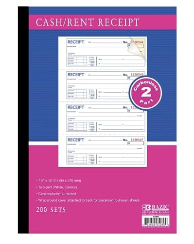 12 Pack, Cash/Rent Receipt Book, 2-Part Carbonless, 200 Sets, Numbered