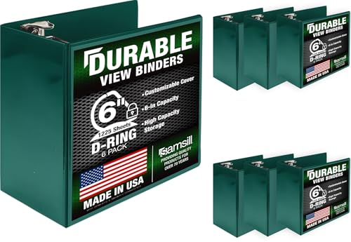 Samsill Durable 6 inch 3 Ring Binder, Locking D Ring Binder, Customizable Clear View Cover, Green, 6-Pack, Holds 1225 Pages