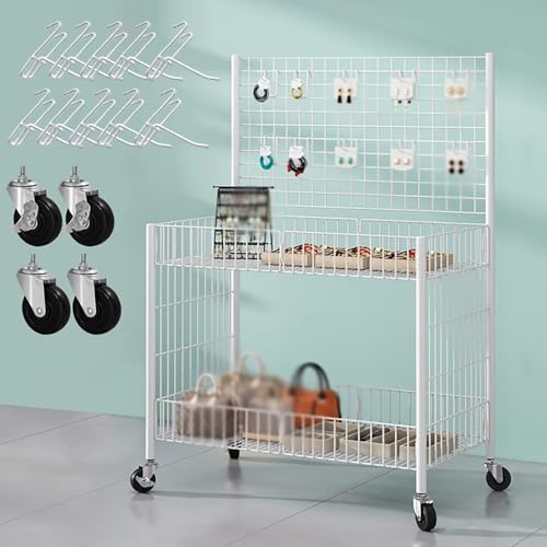 MLYAYE Flea Market Craft Display Cart for Vendor Events, Movable Foldable Street Food Retail Art Fair Holding Rack - Portable Pushcart Stall for Outdoor, w/Wheels(White,25 3/5inch)
