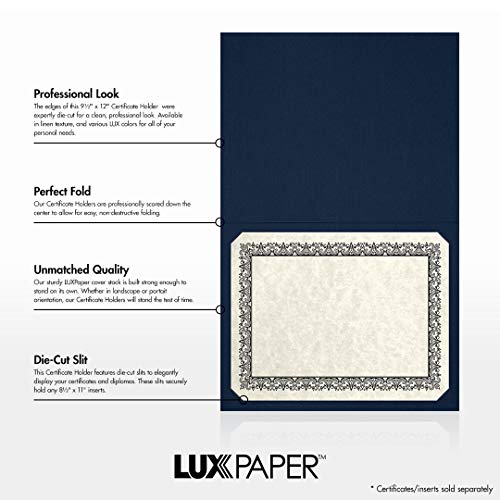 LUXPaper 9.5" x 12" Certificate Holders | Nautical Blue Linen | Embossed Gold Foil Floral Border | 100lb. Cover | 100 Qty