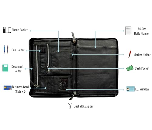 Handmade GENUINE LEATHER Business Portfolio by Jaald | Professional Organizer Men & Women | Durable Leather Padfolio with Sleeves for documents and notepad
