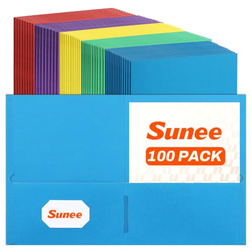 SUNEE Two Pocket Folders, 100 Pack File Folders with Business Card Slot, Assorted Colors, Textured Paper, Fit Letter Size Paper, Paper File Folder for School Office Home Business