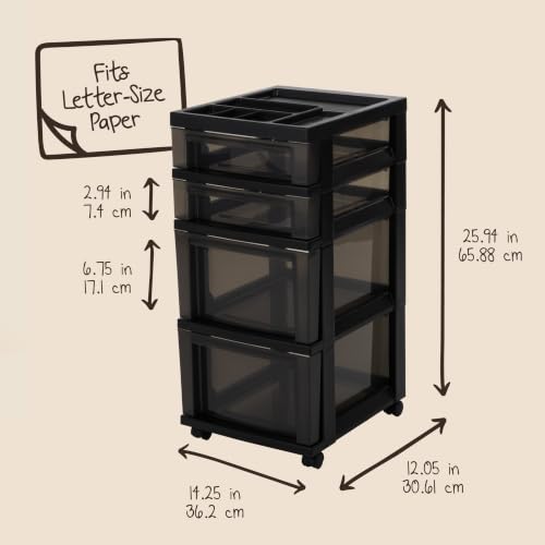 IRIS USA 4-Drawer Rolling Storage Cart with Wheels, Black/Gray