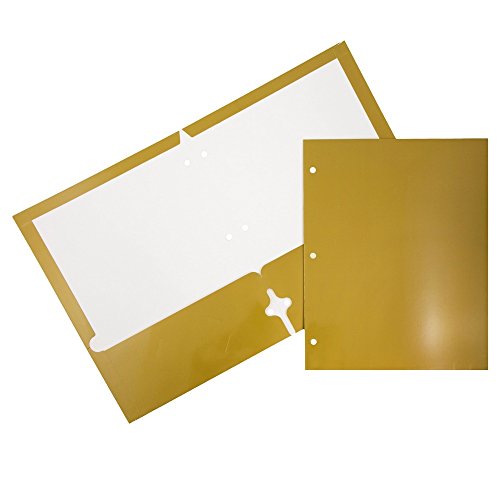 JAM PAPER Laminated Two Pocket Glossy 3 Hole Punch School Folders - Letter Size - High Gloss Gold - Bulk 100/Box