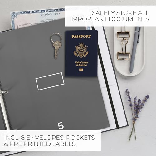 Important Document Organizer Set with Folders - Complete Linen Ring Binder