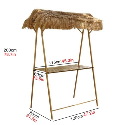bacedifo Portable Outdoor Market Stall with Faux Thatched Canopy, Detachable Markets Stand, Roll-up Tabletop, Triangular Structure, Metal Frame, Product Display Rack, Height 200 Cm