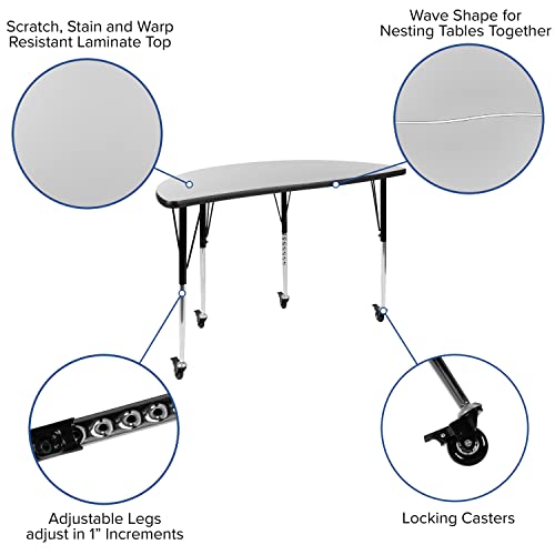 BizChair Mobile 47.5" Half Circle Wave Flexible Collaborative Grey Adjustable Height Activity Table