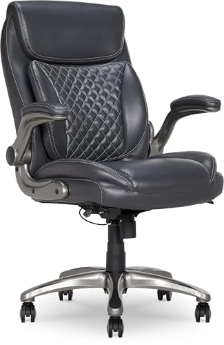 Amazon Basics Ergonomic Executive Office Chair with Adjustable Lumbar Support, Flip-up Arms, Height Adjustable, 360° Rolling Swivel, Computer Desk Chair, Grey Leather