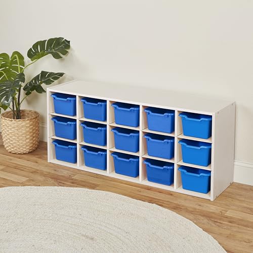 ECR4Kids 15 Cubby Tray Cabinet with Bins, 3x5, White Wash, Blue