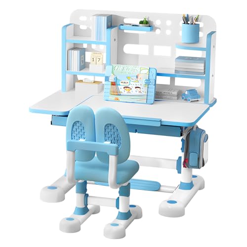 Kid's Study Desk and Chair Set, Height Adjustable Children's Desk with 50-Degree Tiltable Desktop, Bookshelf & Storage Drawer, Ergonomic Study Table Set for Bedroom (Blue)