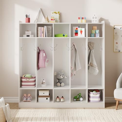 Garvee 5-Section Classroom Coat Locker with 10 Cubbies, Cubby Storage Organizer with 10 Hooks for Home, School, Nursery, Kindergarten, White