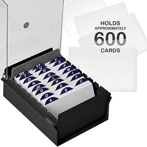 Acrimet 3 x 5 Card File Holder Organizer Box Metal Base Heavy Duty (AZ Index Cards and Divider Included) (Black Color with Clear Crystal Plastic Lid Cover)