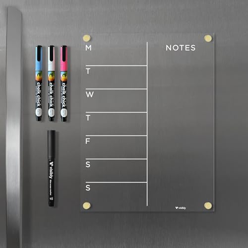 Visibly Magnetic Acrylic Weekly Planner for Fridge 9” x 12”, Clear Wet Erase Meal Planner & Notes Board, Refrigerator Organizer with 4 Magnetic Markers and Gold Corner Magnets