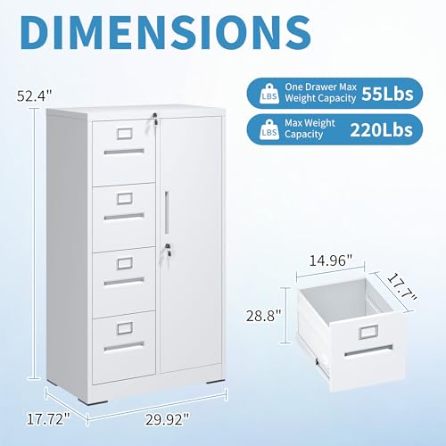 EKJ 4 Drawer Filing Cabinet with Lock, Metal Storage Locker Cabinets for Home Office, File Cabinet for Hanging File Folders Letter/Legal/A4/F4 Size Documents, Assembly Required