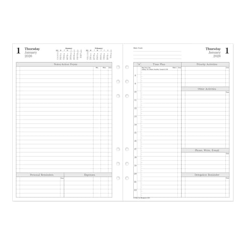 Filofax Calendar Diary Refill, A5 Size, One Day on Two Pages with Appointments, Time Management, White Paper, English, 2026 (CTM7031-26)