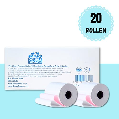 76 x 76mm, 2ply Premium Paper Till EPOS Kitchen Printer Receipt Rolls - Carbonless - (Box of 20 Rolls) - 2 PLY, Non-Thermal