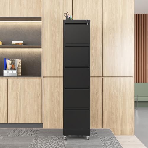 AMNOOI 5 Drawer Heavy - Duty Metal Vertical File Cabinet with Lockable - Security for Home Office Use - Stores A4, Letter & Legal Size Files, Noiseless Full - Extension Drawers (Black)