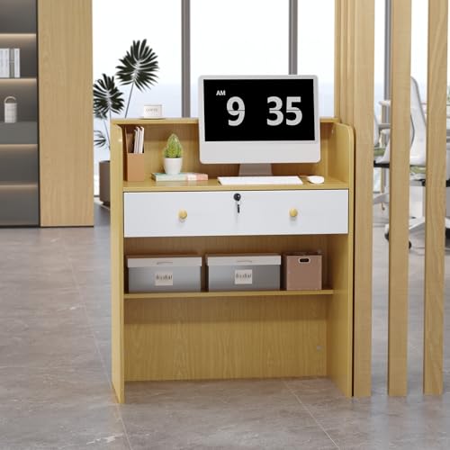 OmySalon Reception Desk with Counter, Small Front Desk w/Lockable Drawer, Wooden Modern Reception Table for Salon Lobby Office Home (Original Wood, 32)