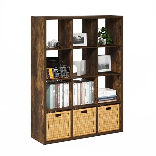 Furinno Cubicle Book Shelf, 12-Cube Bookshelf, Extra Thick Frame Reversible Bookcase with Open Back, 14.6" x 44" x 58", for Living Room, Bedroom, Home Office, Amber Pine