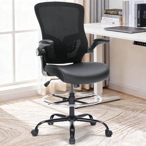 Drafting Chair, Tall Office Chair with PU Leather Seat, Ergonomic Standing Desk Chair with Lumbar Support Counter Height Office Chair with Adjustable Footrest Ring Flip-up Armrests