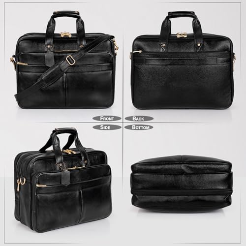 Da leather villa Full Grain Leather Briefcase for Men Top Choice Gifts Laptop Bag Multiple 16'' Compartments Brass Hardware (Black)