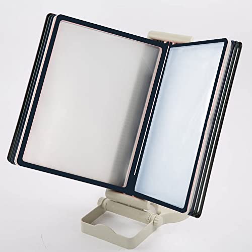 M&T Displays Office Desk Reference Organizer with 10 Black Double-Sided 8.5x11 Inch Letter Front Loading Corner Tuck Easy Load Pockets Pivoting Doc Display Catalog Menu Holder Adjustable Heavy Base