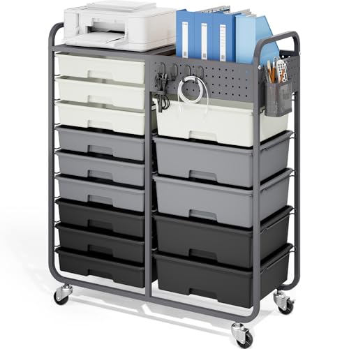 14 Drawer Rolling Storage Cart with Tabletop and Pegboard for Crafts Grey