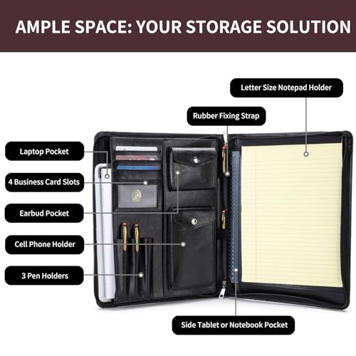 Geslun Leather Portfolio with Hidden Handle, Zippered Front Pocket