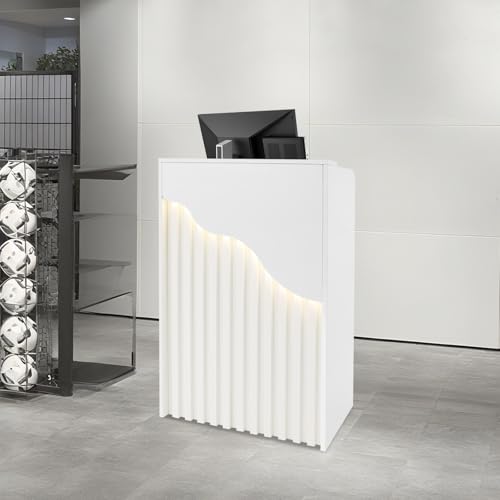 AngelcityCC Small Reception Desk with Counter LED Light, Modern Front Desk with Lockable Drawer, Retail Checkout Counter for Clothing Salon Shop Hotel