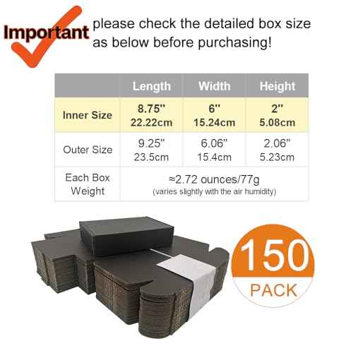 CH-BOX 150 Pack 9x6x2'' Small Shipping Boxes, Corrugated Cardboard Mailers for Business, Black (CM962B-150)