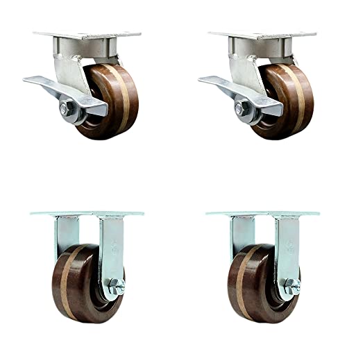 Heavy Duty Kingpinless Swivel Caster Set of 4 with 4 Inch High Temperature Glass Filled Nylon Wheels - Includes 2 Swivel with Brakes and 2 Rigid - 2,400 lbs. Total Capacity - Service Caster Brand