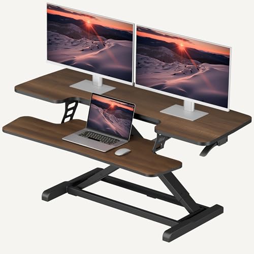 SANODESK 42" Standing Desk Converter, Large Sit-Stand Riser for Dual Monitors & Laptop, Stable Multi-Device Workstation with Keyboard Tray, Home Office Desktop Converter, Walnut