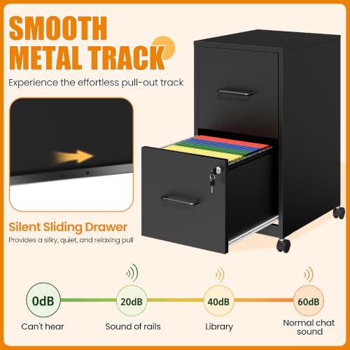 Yukimo 2 Drawer File Cabinet with Wheels, Metal Mobile Filing Cabinets with Lock, Vertical File Cabinet for Home Office, Rolling Storage Cabinet for A4/Letter/Legal Size File, Assembly Required, Black