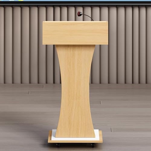 Xibolai Mobile Wooden Podium Stand with Lockable Wheels Modern Presentation Blockboard Lectern Oak Color with Storage Shelves for Office, Church, Classroom, Conference Room