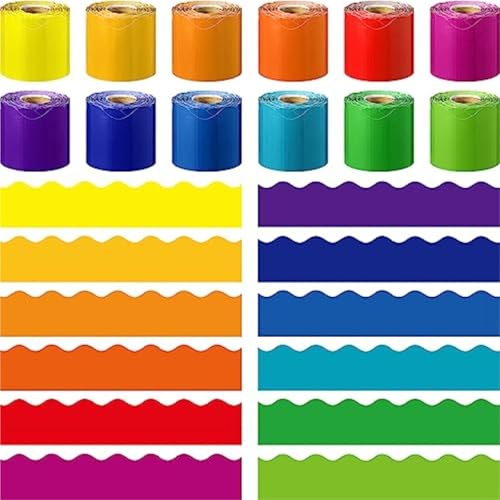 Bulletin Board Borders 12 Roll 630 Feet Ful Bulletin Board Borders Bulk for Classroom Decoration Scalloped Rolled Border Trim for Back to School Chalk(Rainbow Color)