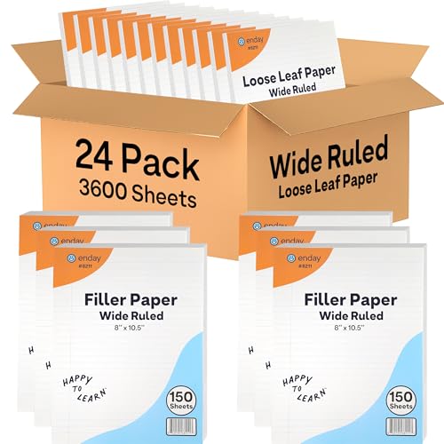Loose Leaf Paper Bulk, 3600 Sheets, Wide Ruled, (24 Pack) 150 Sheets Per Pack, 8" x 10.5" White Filler Paper, 3 Hole Punched Binder Paper for 3 Ring Binders, Notebook Paper - By Enday