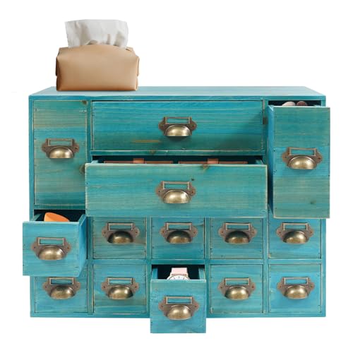 BYOIPLOI Apothecary Cabinet Desk Drawer Organizer, Wooden Storage Box w/14 Drawers Rustic Shelf Drawer, Home Office Desk Organizer Curio Cabinet Library Card Catalog Cabinet for Home (Blue)