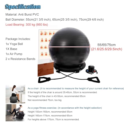 Yoga Ball Chair - Relieve Back Pain, PVC Anti-Burst Exercise Ball Chair for Home Office Desk Workout with Base & Resistance Bands, Backless Bouncy Ball Chair, Inflatable(Diameter 75cm(29 4/8 inch))