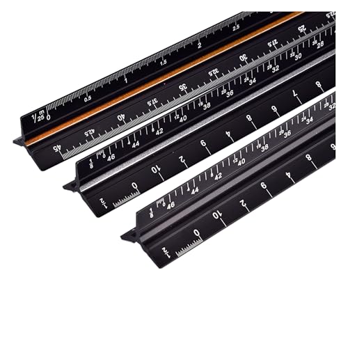 PURZEN Architectural Scale Ruler, Aluminum Triangular Scale Ruler, Inch Small Scale Standard for Architects, Draftsman and Engineers,Black,2 Packs