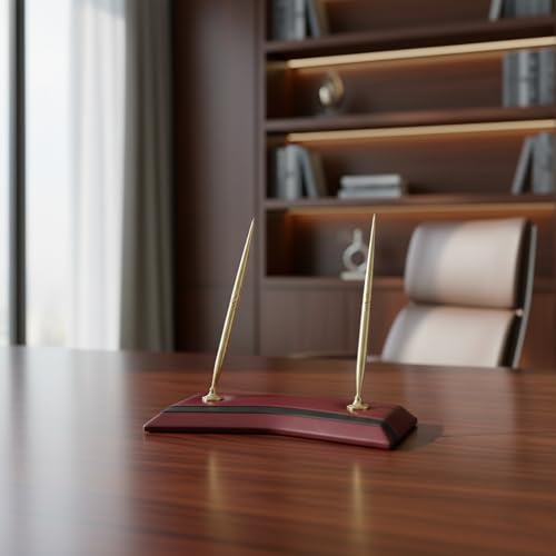Dacasso Burgundy Leather Double Pen Stand with Gold Trim