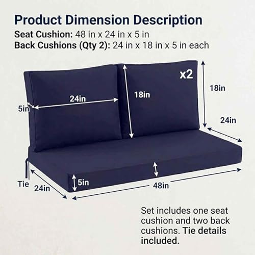 DLLDLGG Outdoor Loveseat Cushions, Waterproof Couch Deep Seat Cushion Replacement Backyard Furniture Pads with Zipper & Non-Slip Straps for Bench Swing Patio