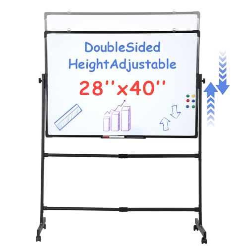 Tacarlha 28"x40" Double-Sided Rolling Whiteboard, Height Adjustable (40"-75") Magnetic Easel with 360° Silent Lockable Wheels, Complete Accessory Set for Office, Classroom, Meetings Black 70x100 cm