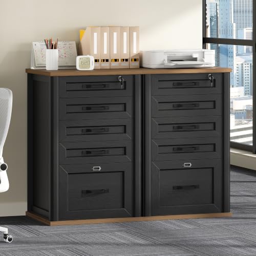 RALGEND Farmhouse 5 Drawer File Cabinet Set of 2, Wooden Filing Cabinet