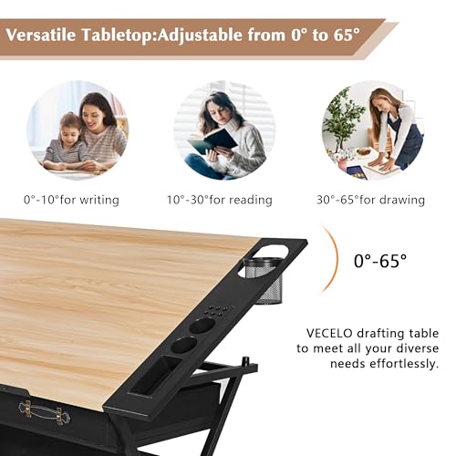 VECELO Drafting Table Art Desk Art Table Adjustable Drawing Table Tilted Tabletop with 2 Storage Drawers and Stool, Drawing Desk for Artist Painters Drawing, Crafting, Reading, Writing, Natural